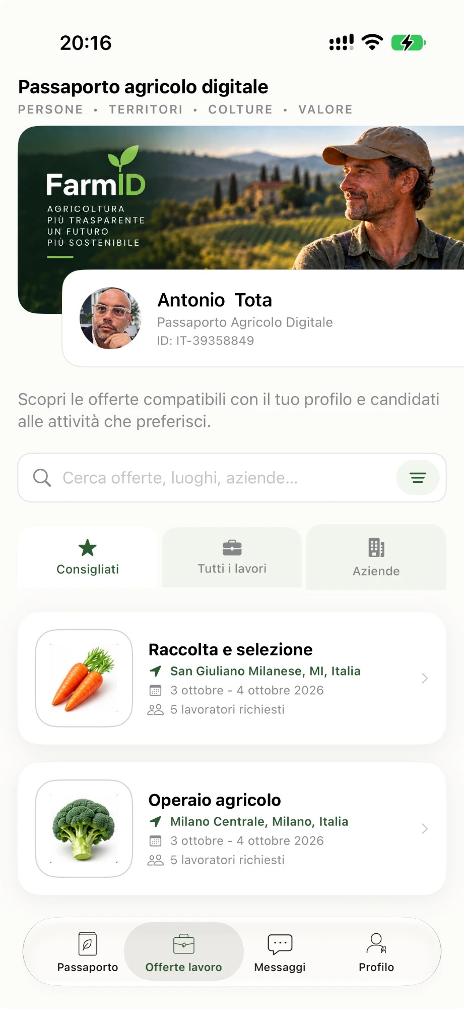 Schermata delle offerte di lavoro nell'app FarmID: offerte consigliate con luogo, date e lavoratori richiesti