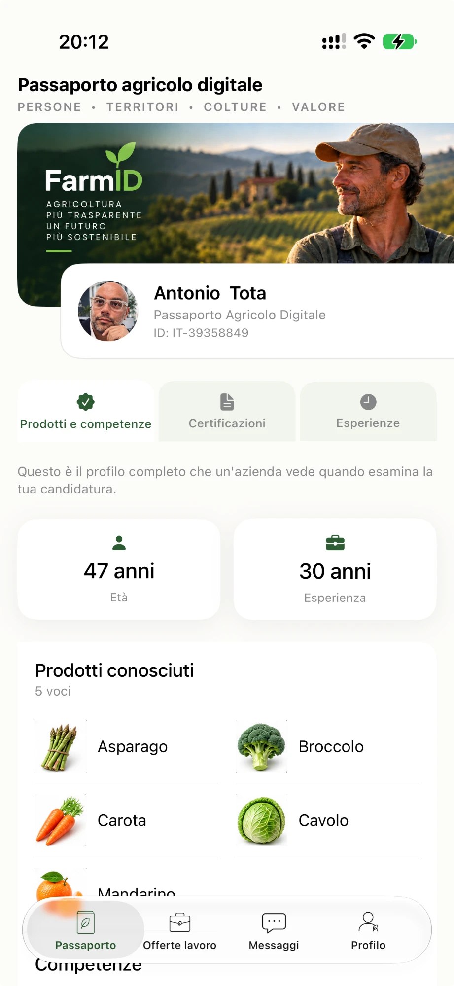 Schermata del passaporto agricolo digitale nell'app FarmID: prodotti e competenze, certificazioni, esperienze