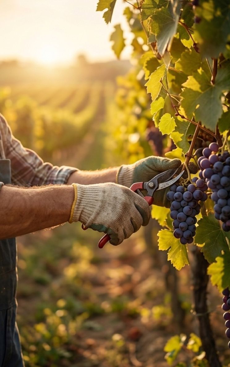 Mani che raccolgono l'uva in un vigneto al tramonto
