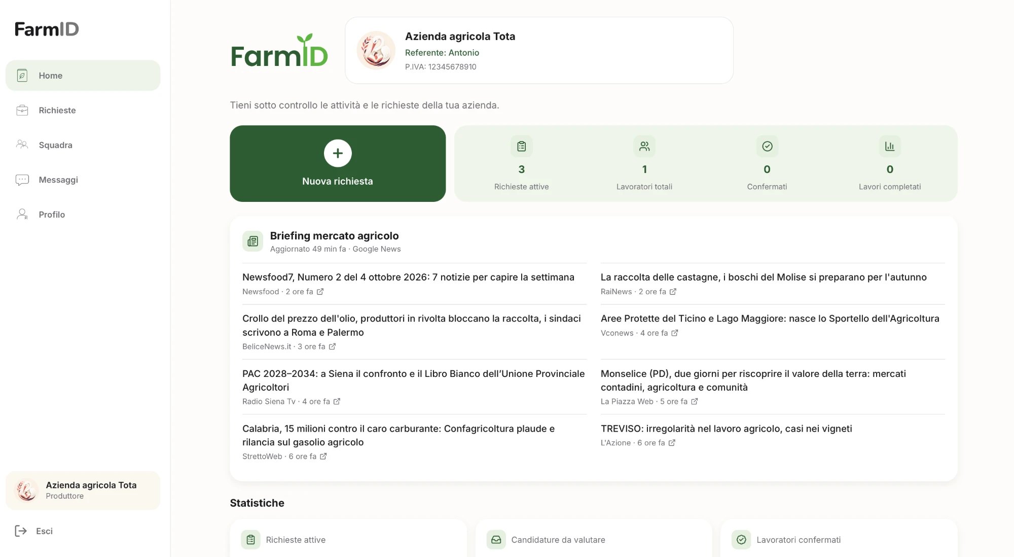 Home azienda nella versione web di FarmID: nuova richiesta, indicatori e briefing del mercato agricolo